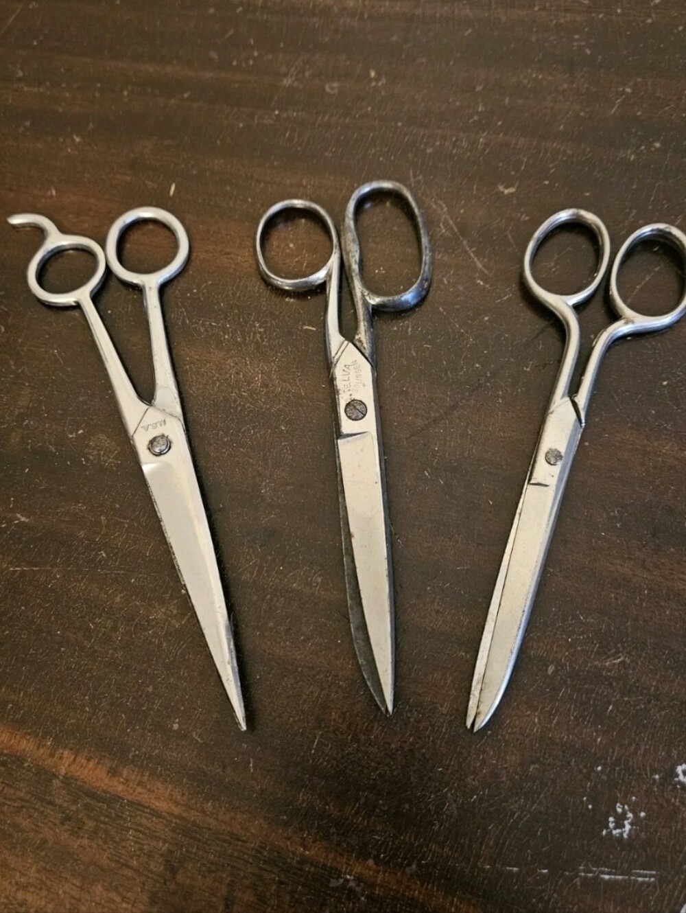 Vintage 3 Piece Scissor Lot Elva Solingen Germany USA Barber Sewing Shears Steel